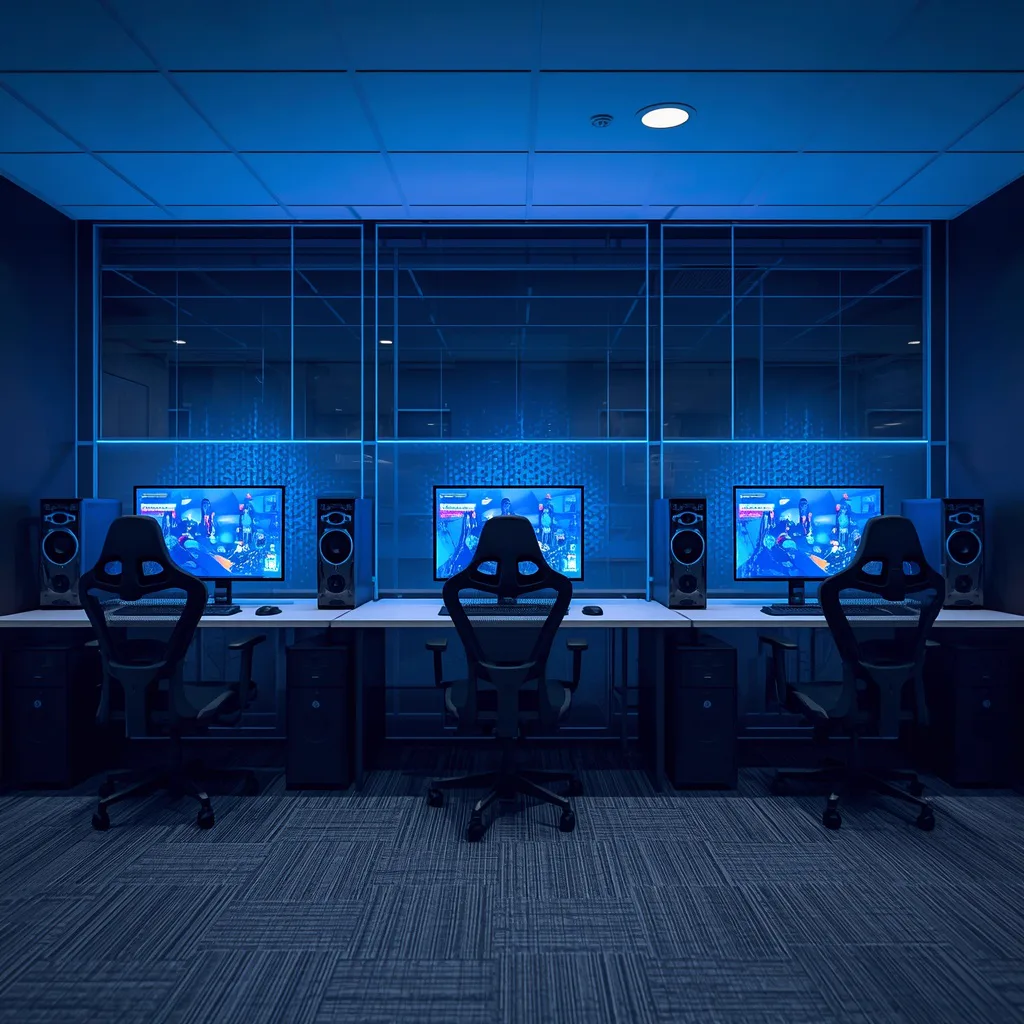 Low-angle detail of cables and warm floor light beneath a long gaming desk at night